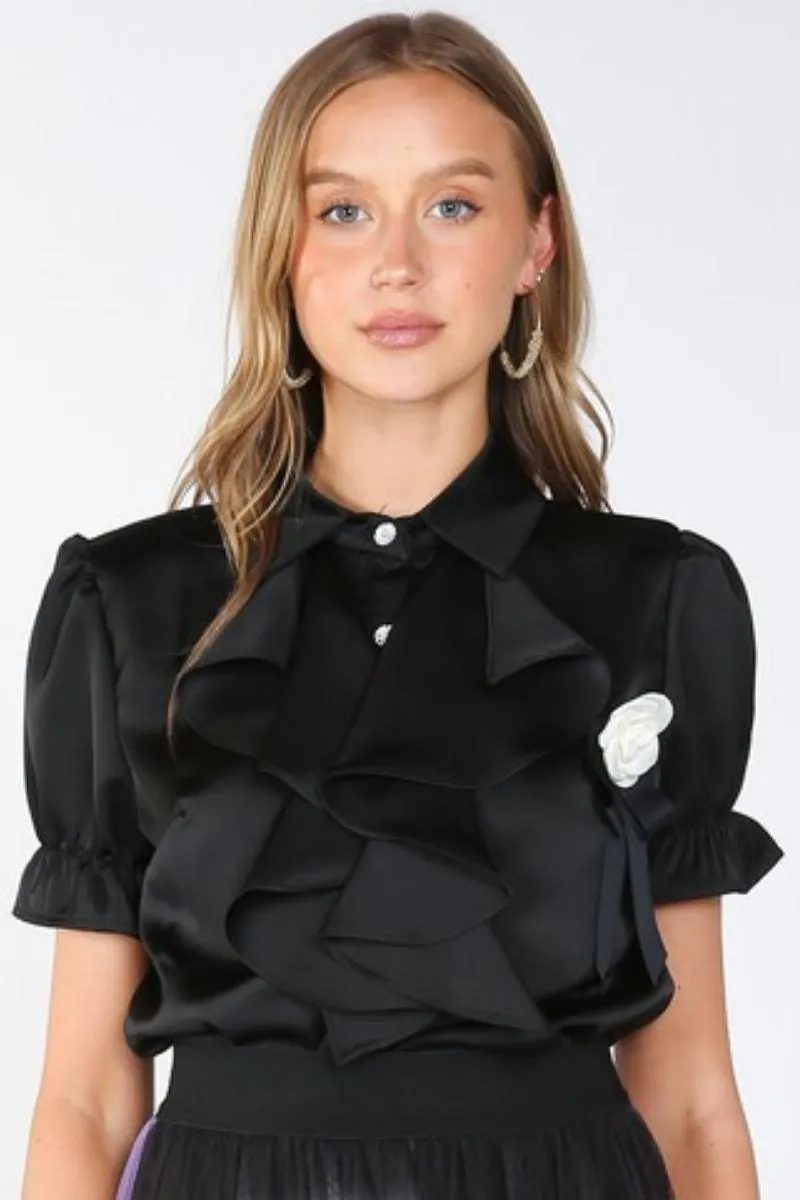 Desiree Ruffle & Rose Accent Satin Blouse