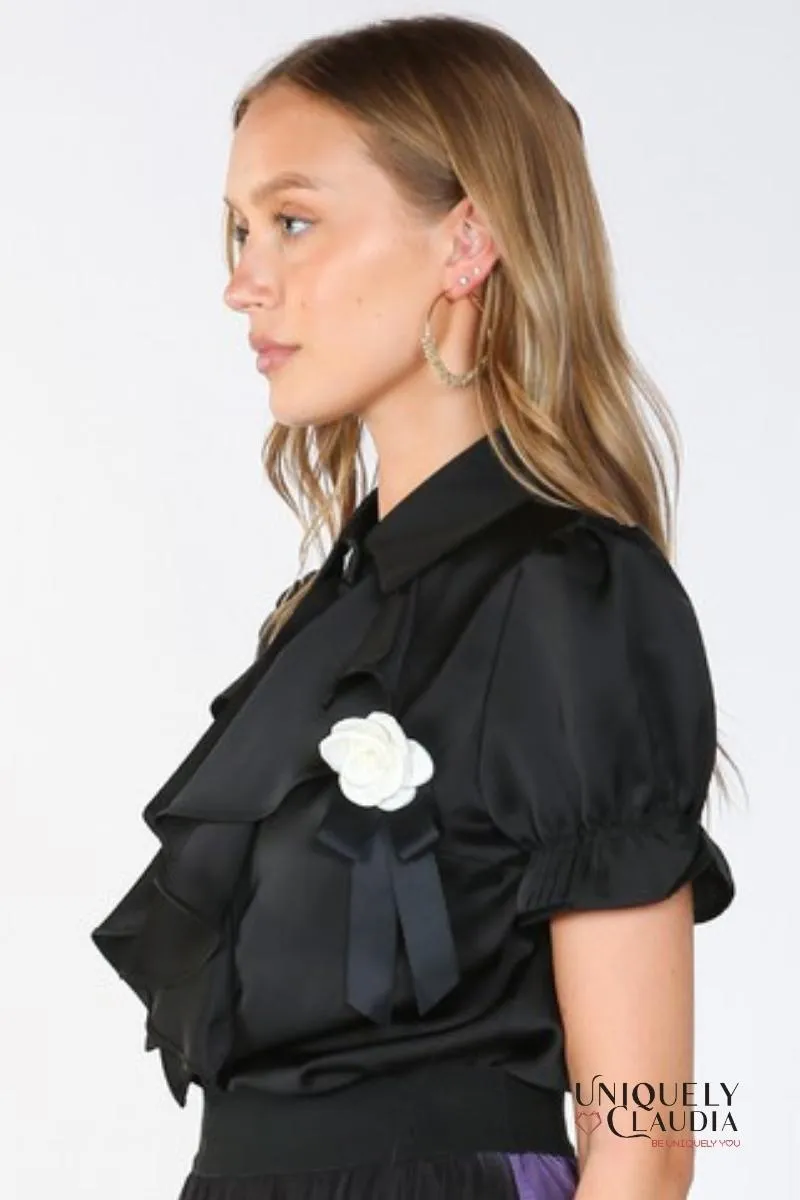 Desiree Ruffle & Rose Accent Satin Blouse