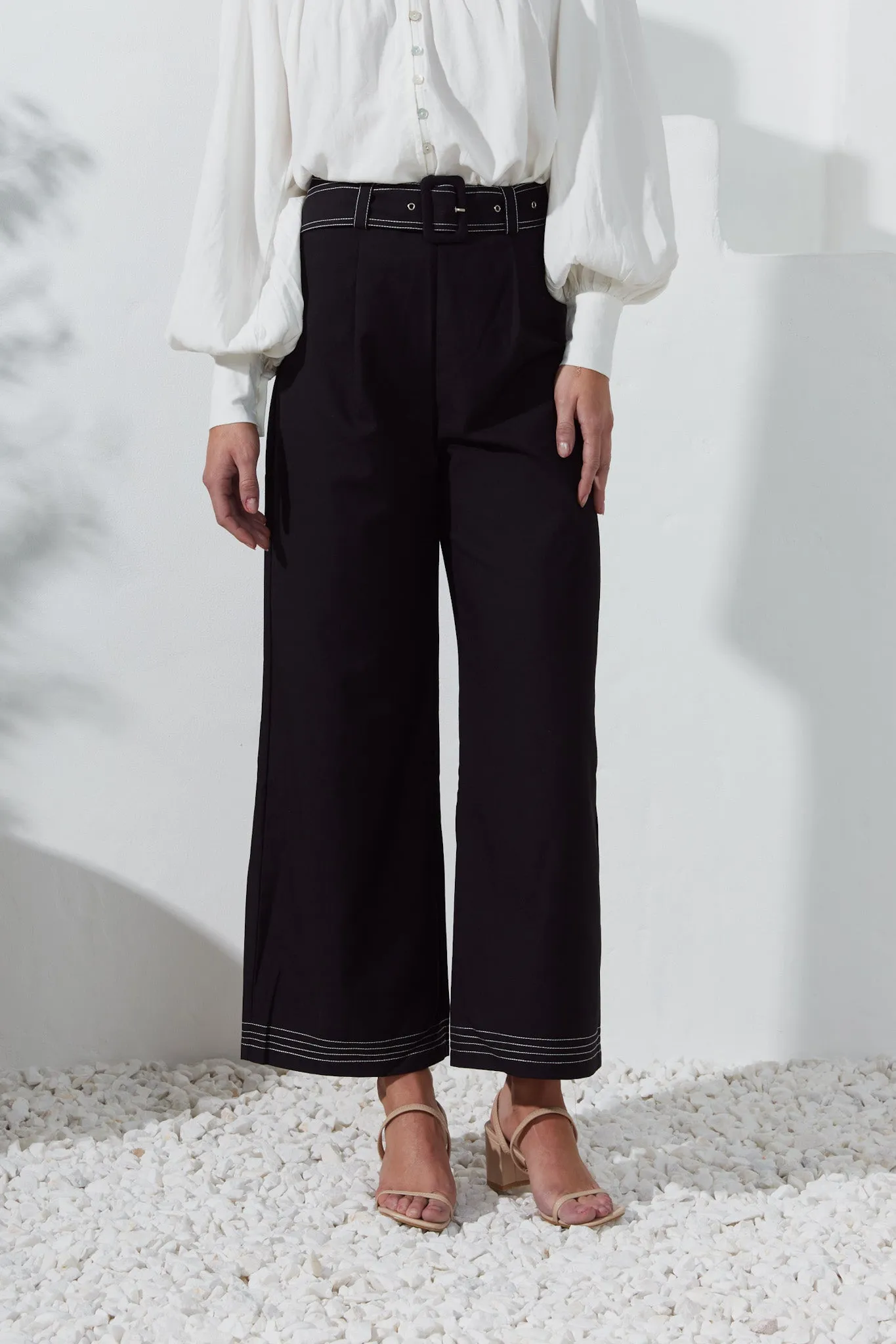 Drea Black Belted Wide Leg Pants