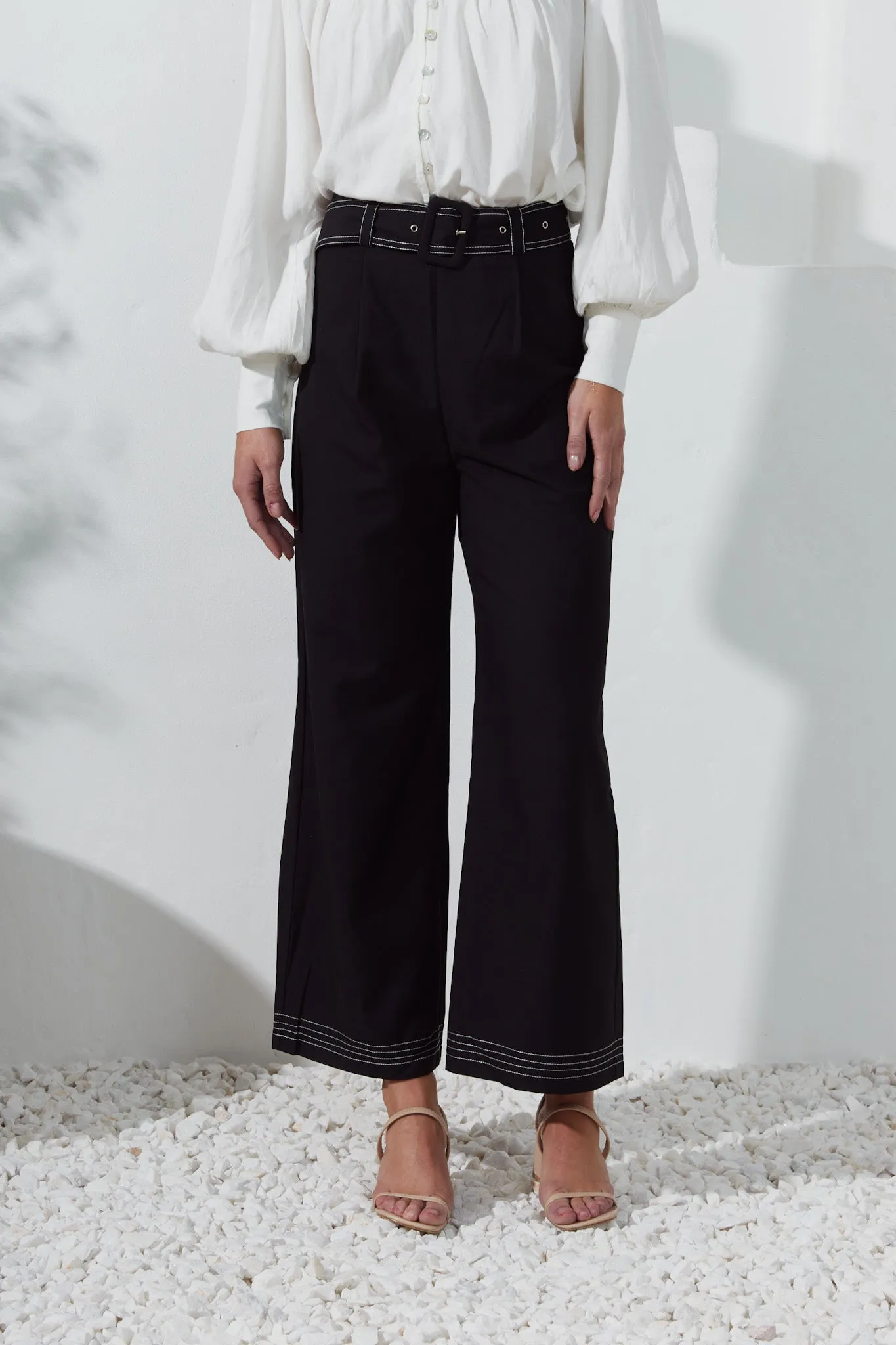 Drea Black Belted Wide Leg Pants