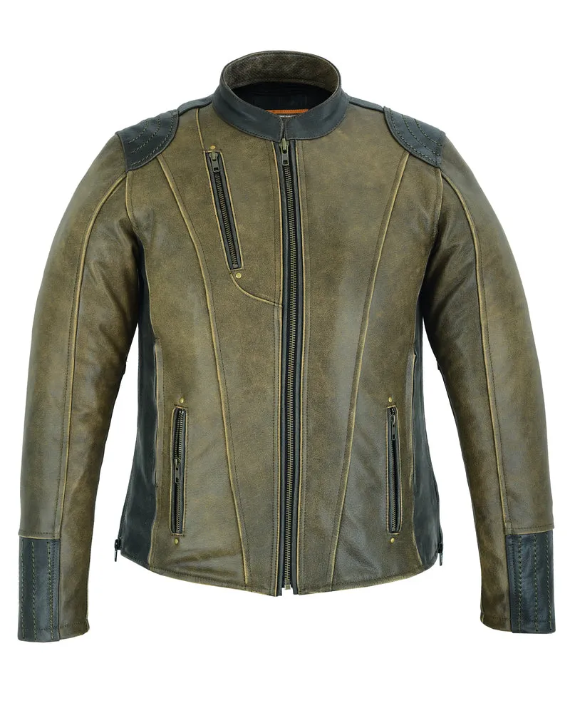 DS830 Women's Tan and Black Leather No Collar Jacket