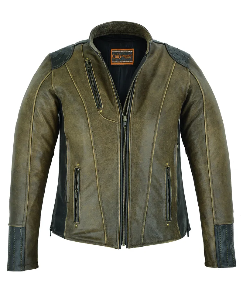 DS830 Women's Tan and Black Leather No Collar Jacket