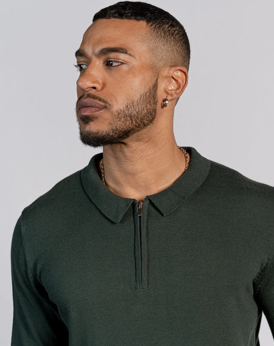 ESSENTIAL LONG SLEEVE ZIPPED POLO TOP - DARK KHAKI