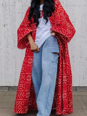 Exotic Red Print Kimono Duster