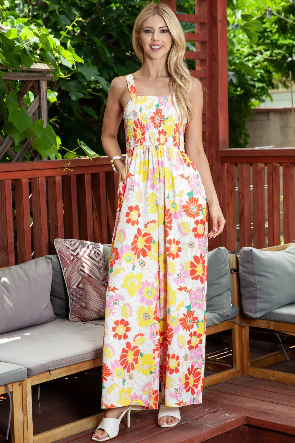 Floral Square Neck Smocked Wide Leg Jumpsuit