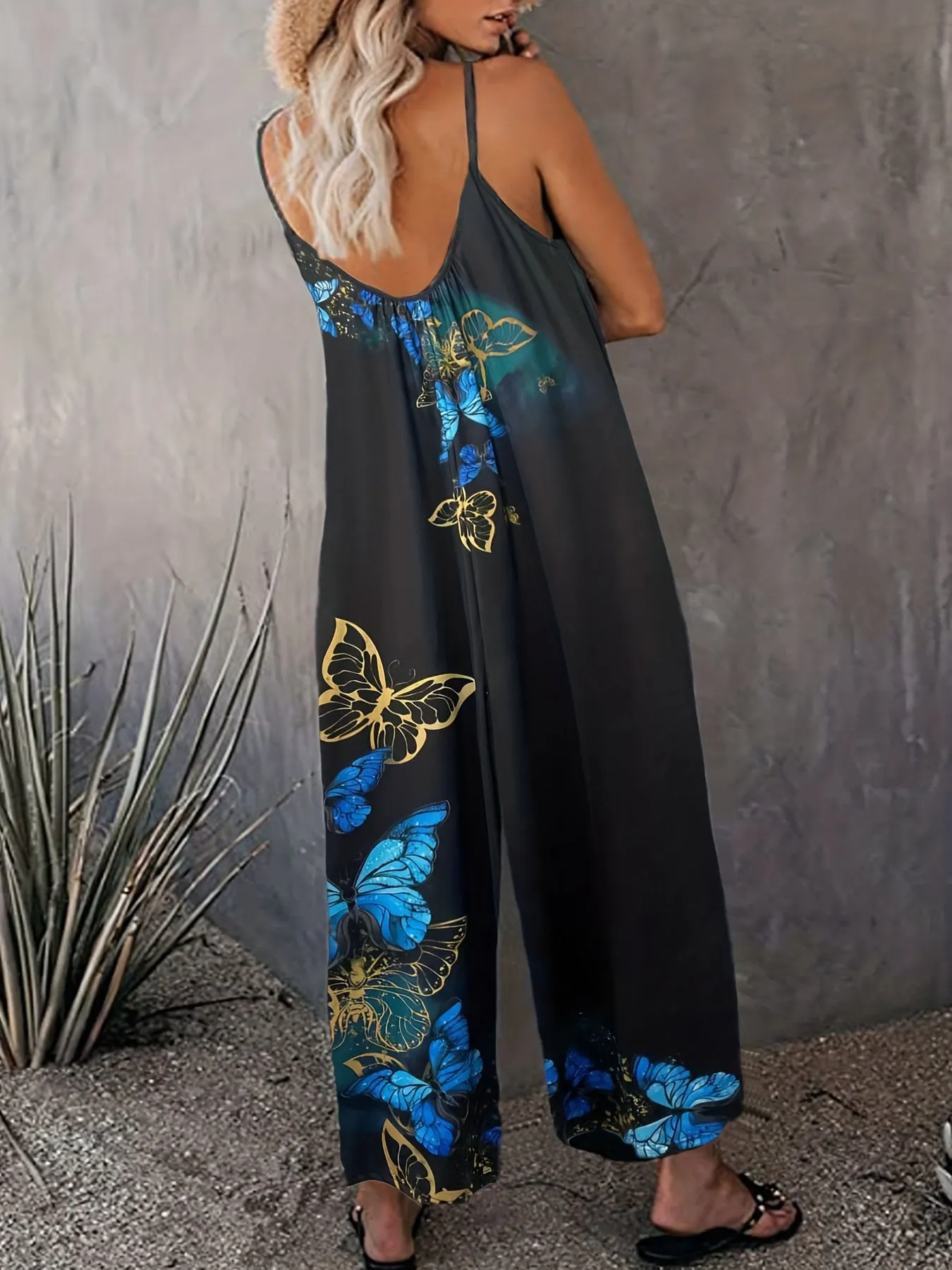 Fluttery Elegance Women's Plus Butterfly Print Wide Leg Cami Jumpsuit