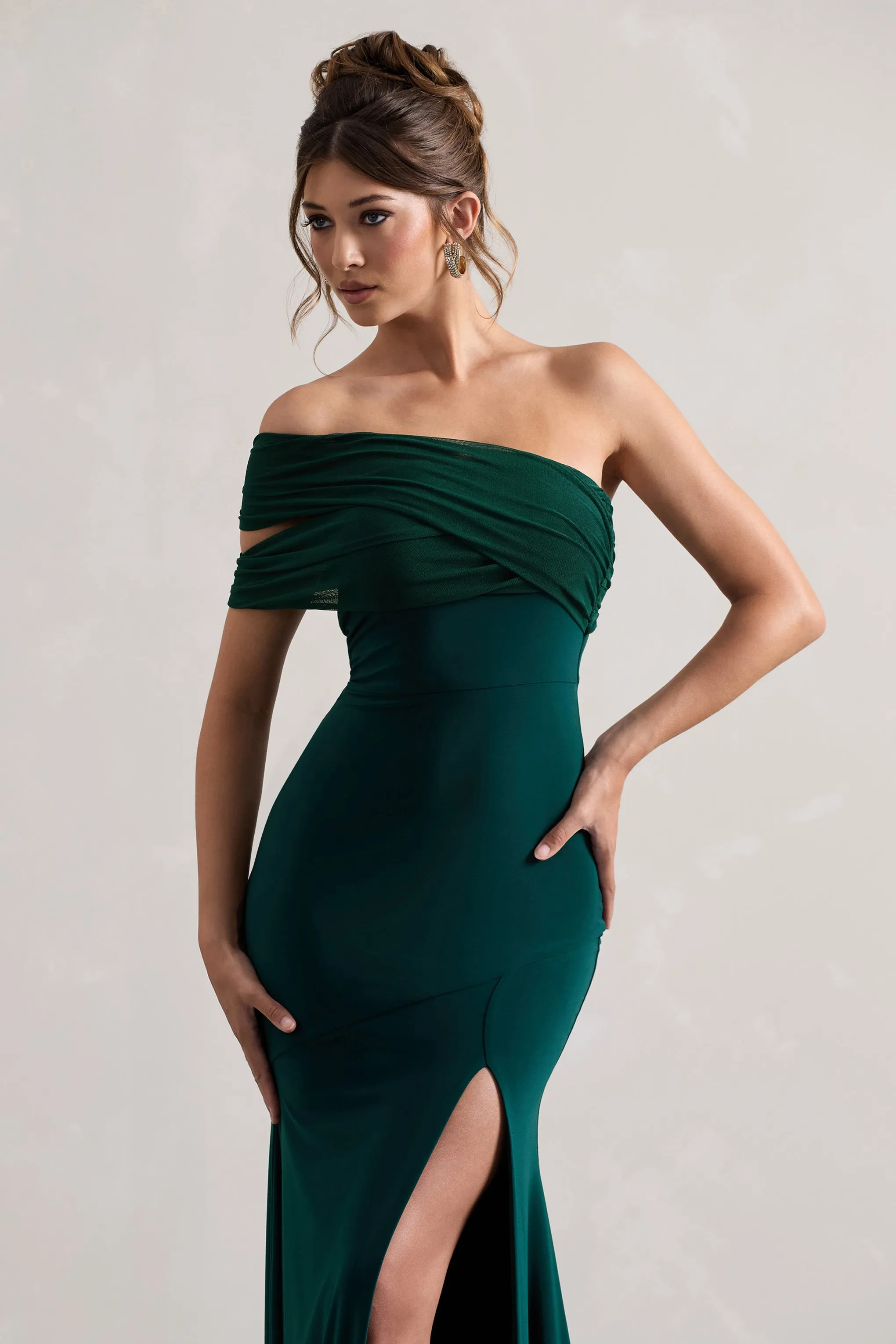 Fused | Bottle Green Asymmetric Bardot Split Maxi Dress