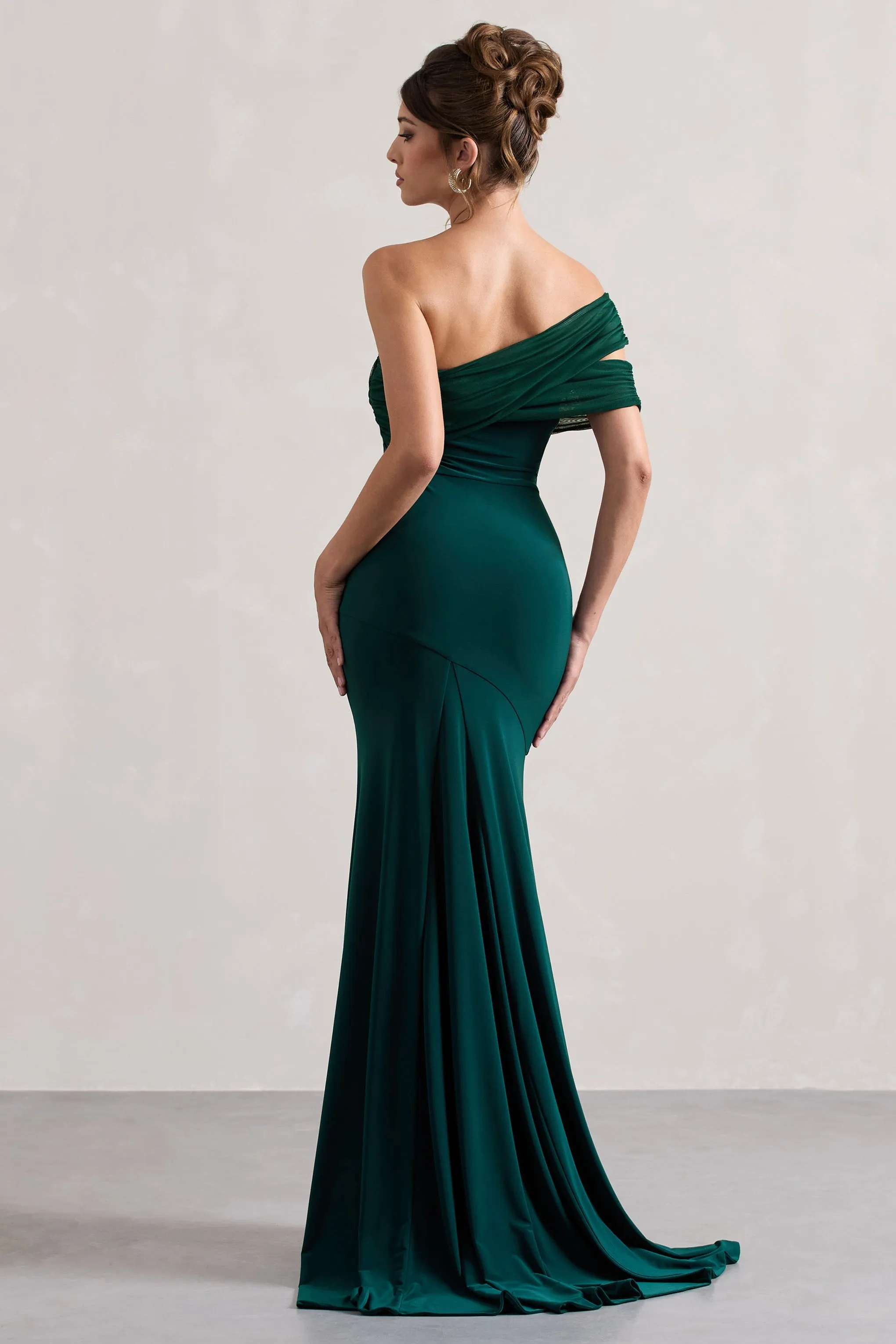 Fused | Bottle Green Asymmetric Bardot Split Maxi Dress