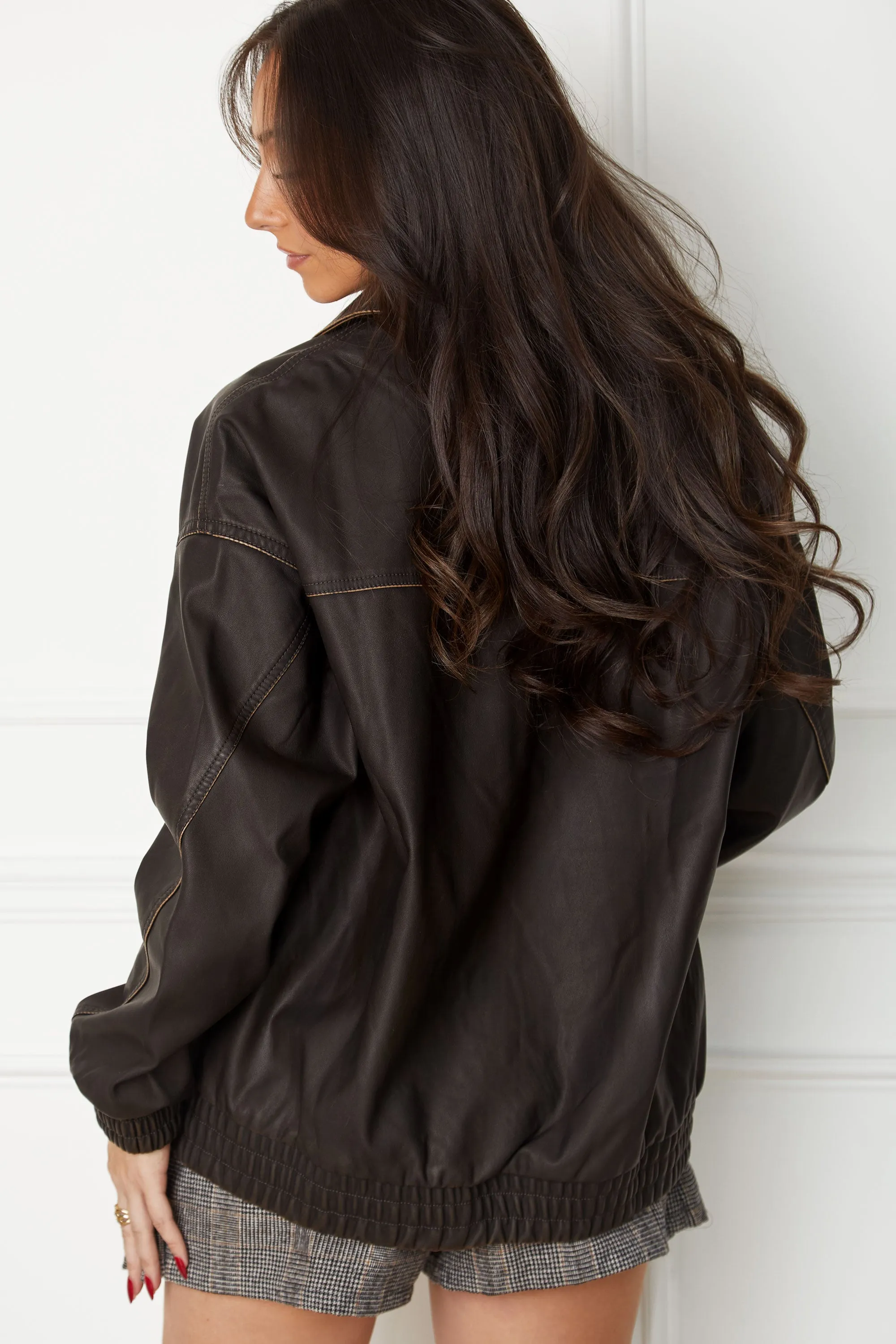 Georgina Chocolate Oversize Vegan Leather Jacket