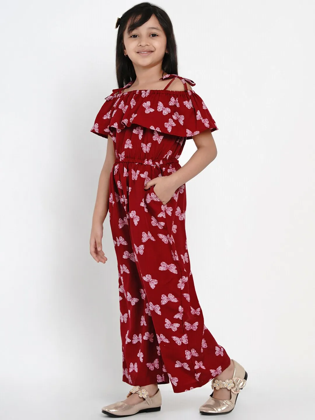 Girl's Maroon & White Printed Basic Jumpsuit  - NOZ2TOZ KIDS