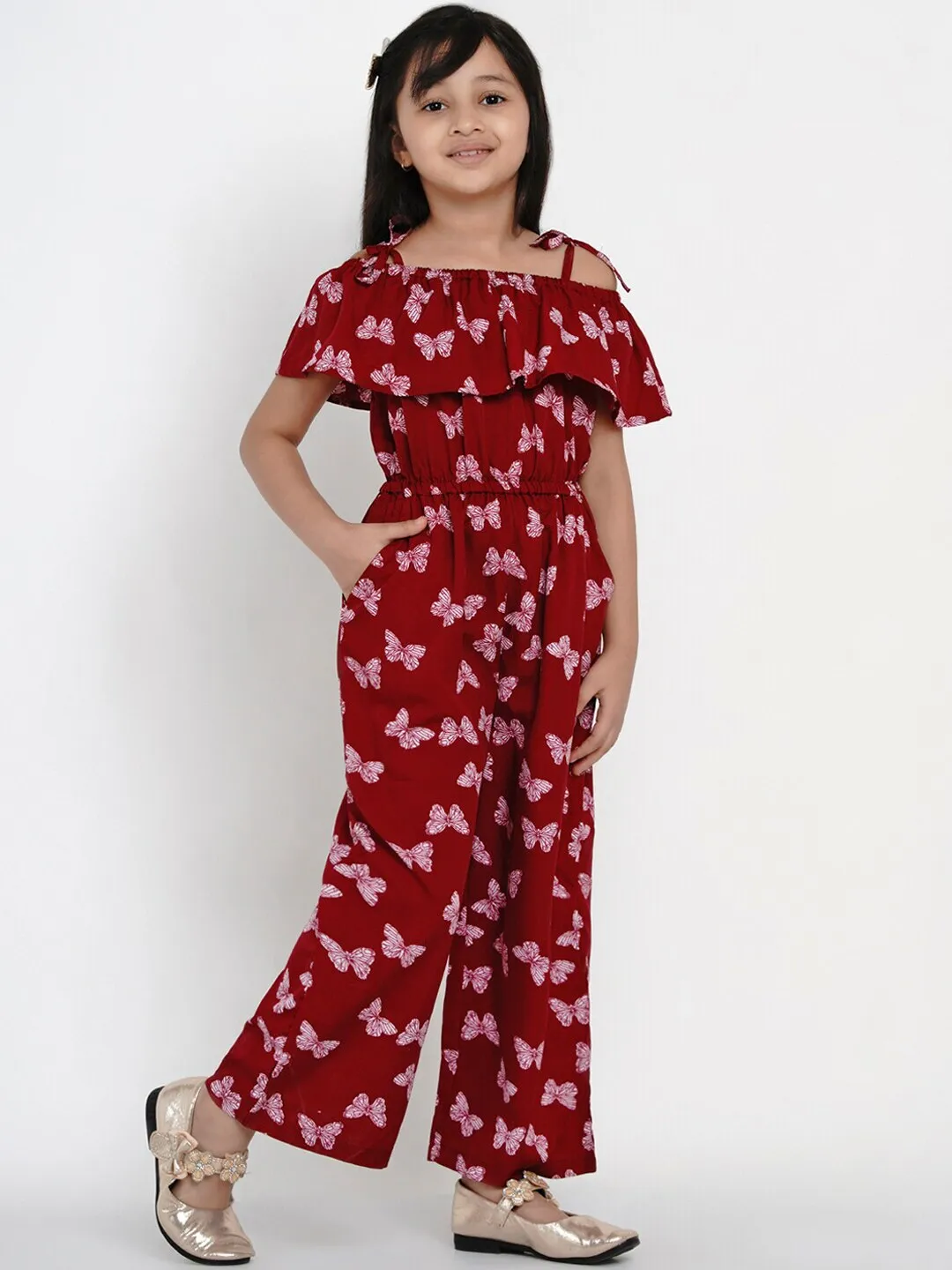 Girl's Maroon & White Printed Basic Jumpsuit  - NOZ2TOZ KIDS