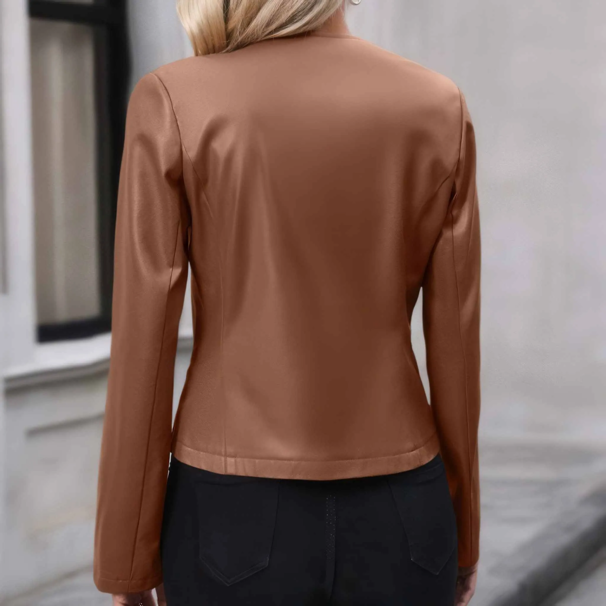 Glow Chic's Casual Solid Color Motorcycle Jacket – Long-Sleeved Leather Coat