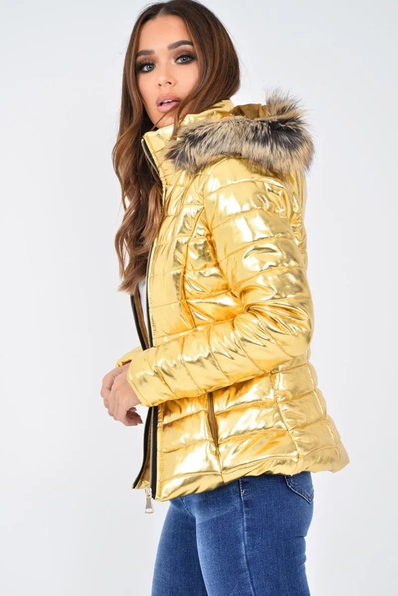 Gold Wet Look Puffer Coat - Soph