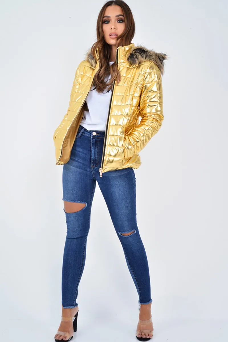 Gold Wet Look Puffer Coat - Soph