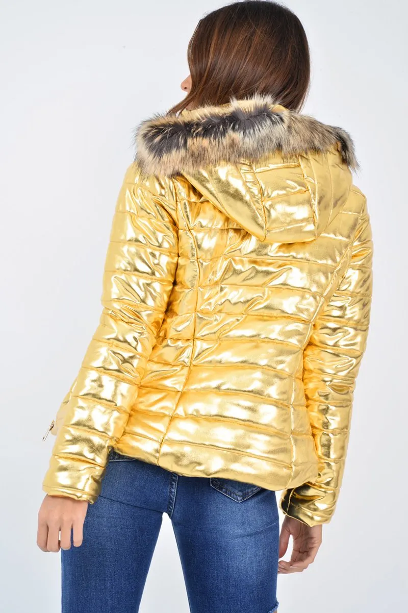 Gold Wet Look Puffer Coat - Soph