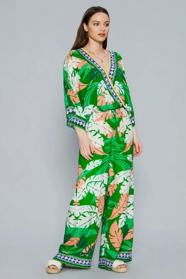 Green Leaf Print Surplice Kimono Top