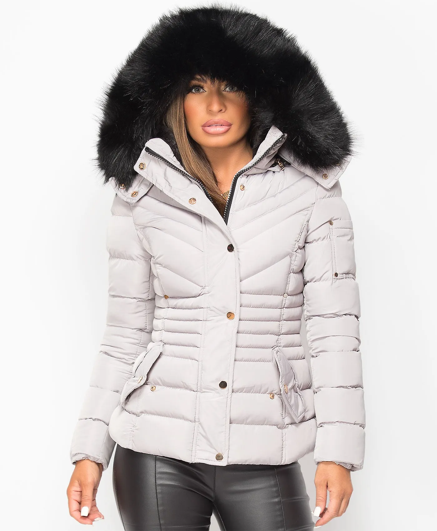 Grey Padded Chevron Quilted Faux Fur Hooded Jacket