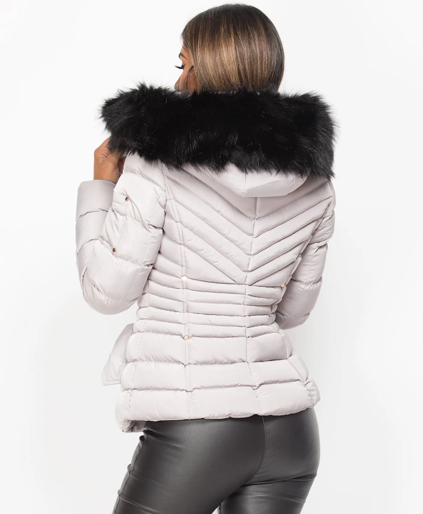 Grey Padded Chevron Quilted Faux Fur Hooded Jacket