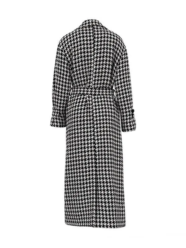 Houndstooth Tied Waist Lapel Trench Coats