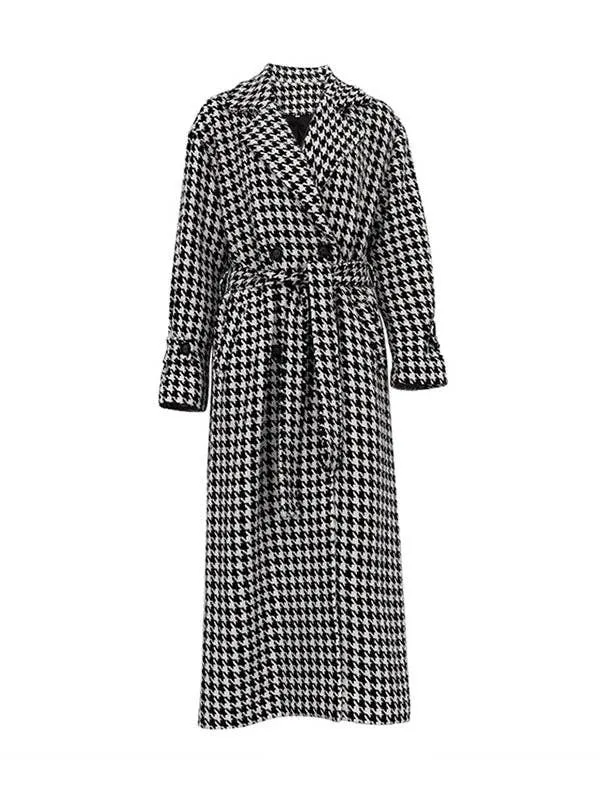 Houndstooth Tied Waist Lapel Trench Coats