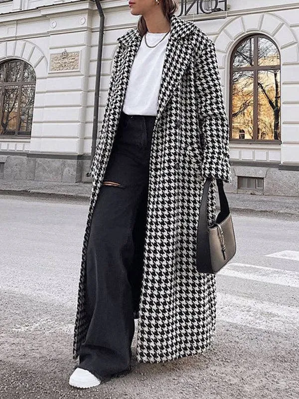 Houndstooth Tied Waist Lapel Trench Coats