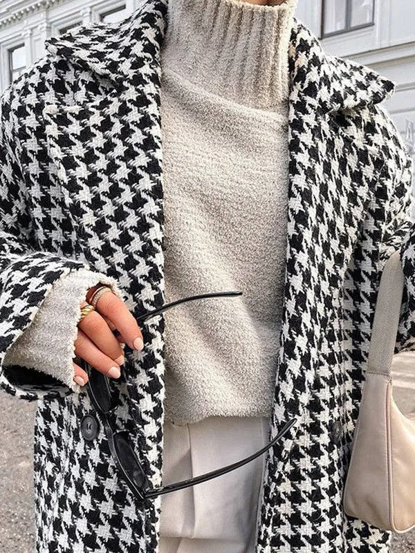 Houndstooth Tied Waist Lapel Trench Coats