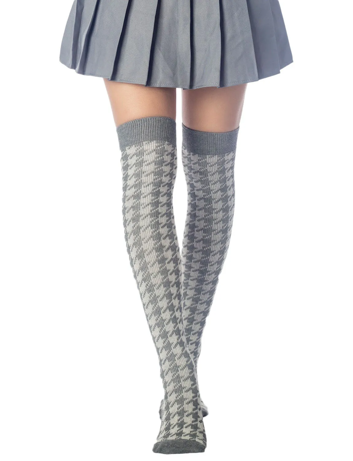 iB-iP Women's Houndstooth Pattern Stylish Solid Color Hold-up Thigh High Long Socks