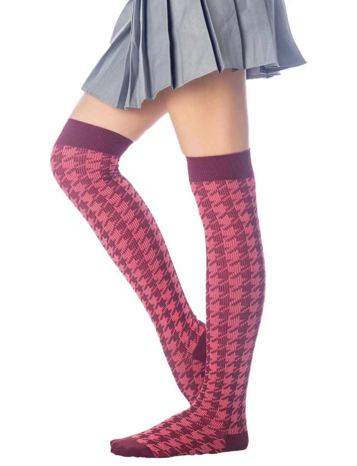 iB-iP Women's Houndstooth Pattern Stylish Solid Color Hold-up Thigh High Long Socks