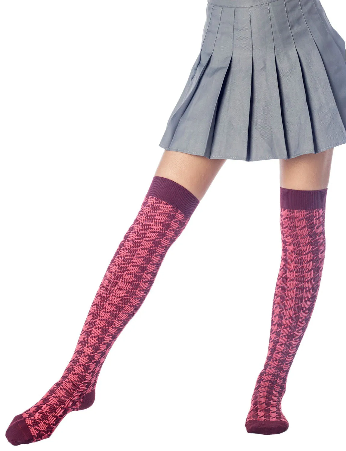 iB-iP Women's Houndstooth Pattern Stylish Solid Color Hold-up Thigh High Long Socks