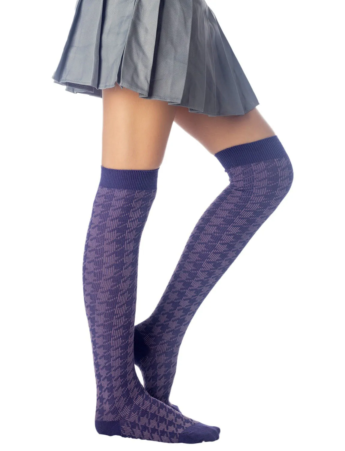 iB-iP Women's Houndstooth Pattern Stylish Solid Color Hold-up Thigh High Long Socks