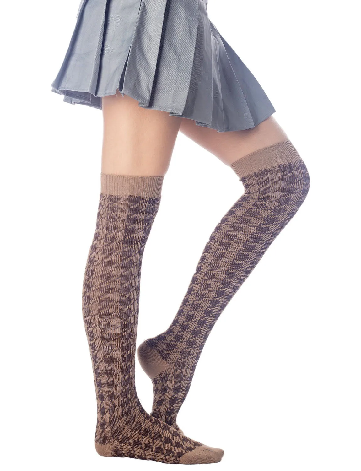 iB-iP Women's Houndstooth Pattern Stylish Solid Color Hold-up Thigh High Long Socks