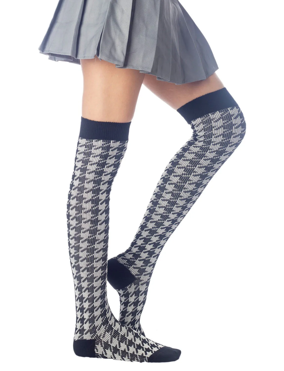 iB-iP Women's Houndstooth Pattern Stylish Solid Color Hold-up Thigh High Long Socks