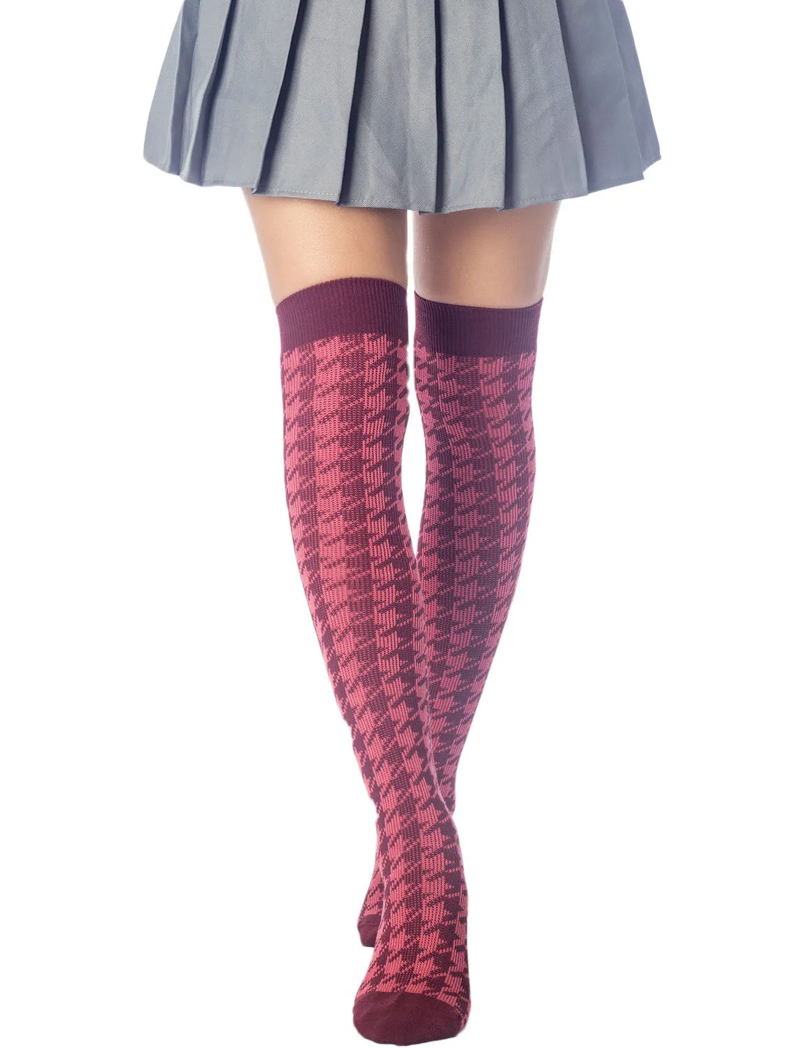 iB-iP Women's Houndstooth Pattern Stylish Solid Color Hold-up Thigh High Long Socks