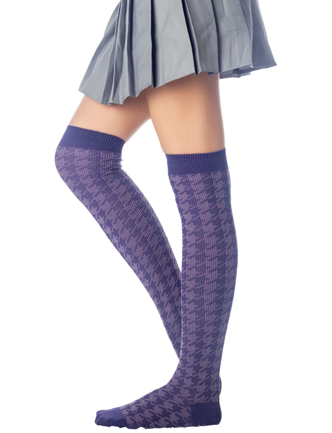 iB-iP Women's Houndstooth Pattern Stylish Solid Color Hold-up Thigh High Long Socks