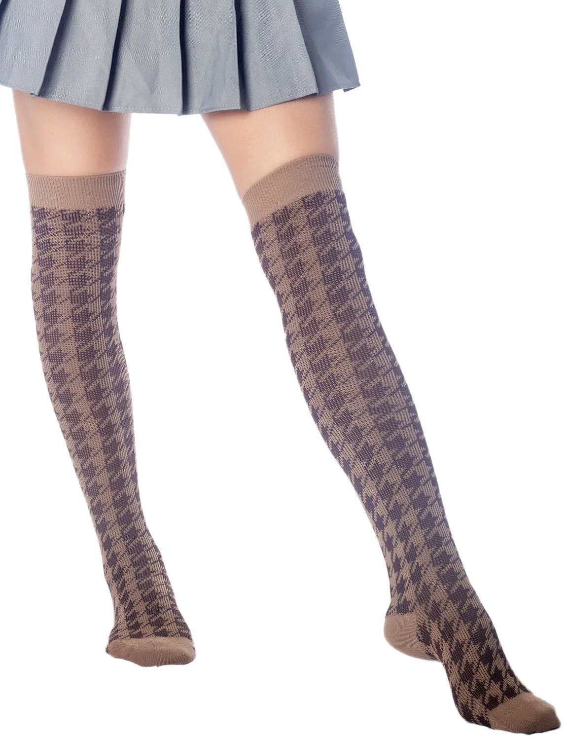 iB-iP Women's Houndstooth Pattern Stylish Solid Color Hold-up Thigh High Long Socks