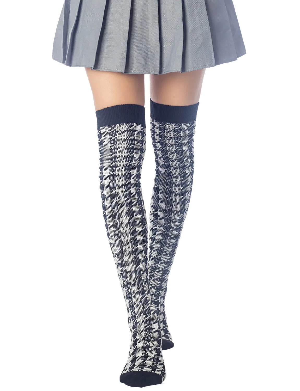 iB-iP Women's Houndstooth Pattern Stylish Solid Color Hold-up Thigh High Long Socks