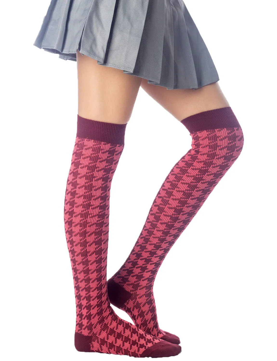 iB-iP Women's Houndstooth Pattern Stylish Solid Color Hold-up Thigh High Long Socks