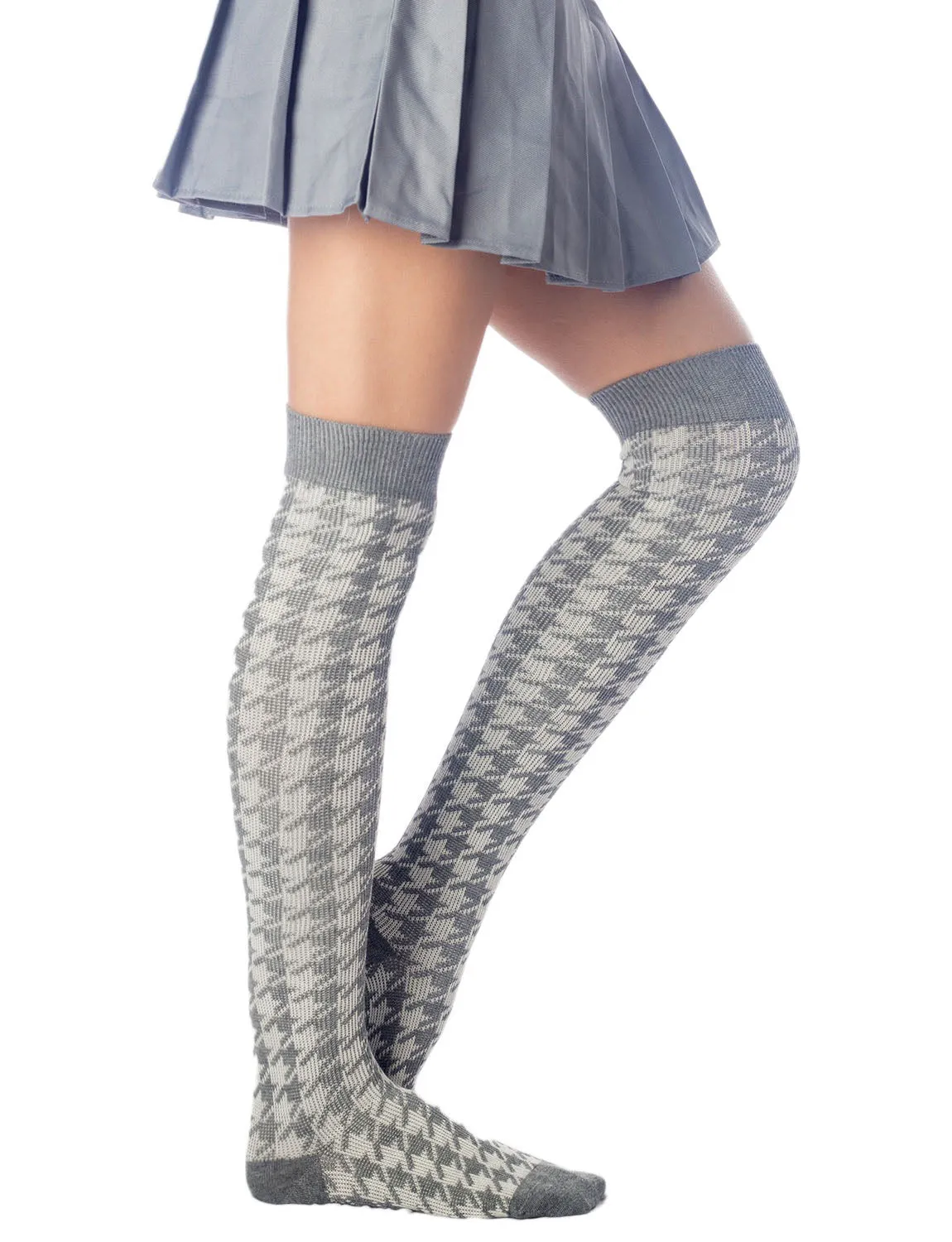 iB-iP Women's Houndstooth Pattern Stylish Solid Color Hold-up Thigh High Long Socks