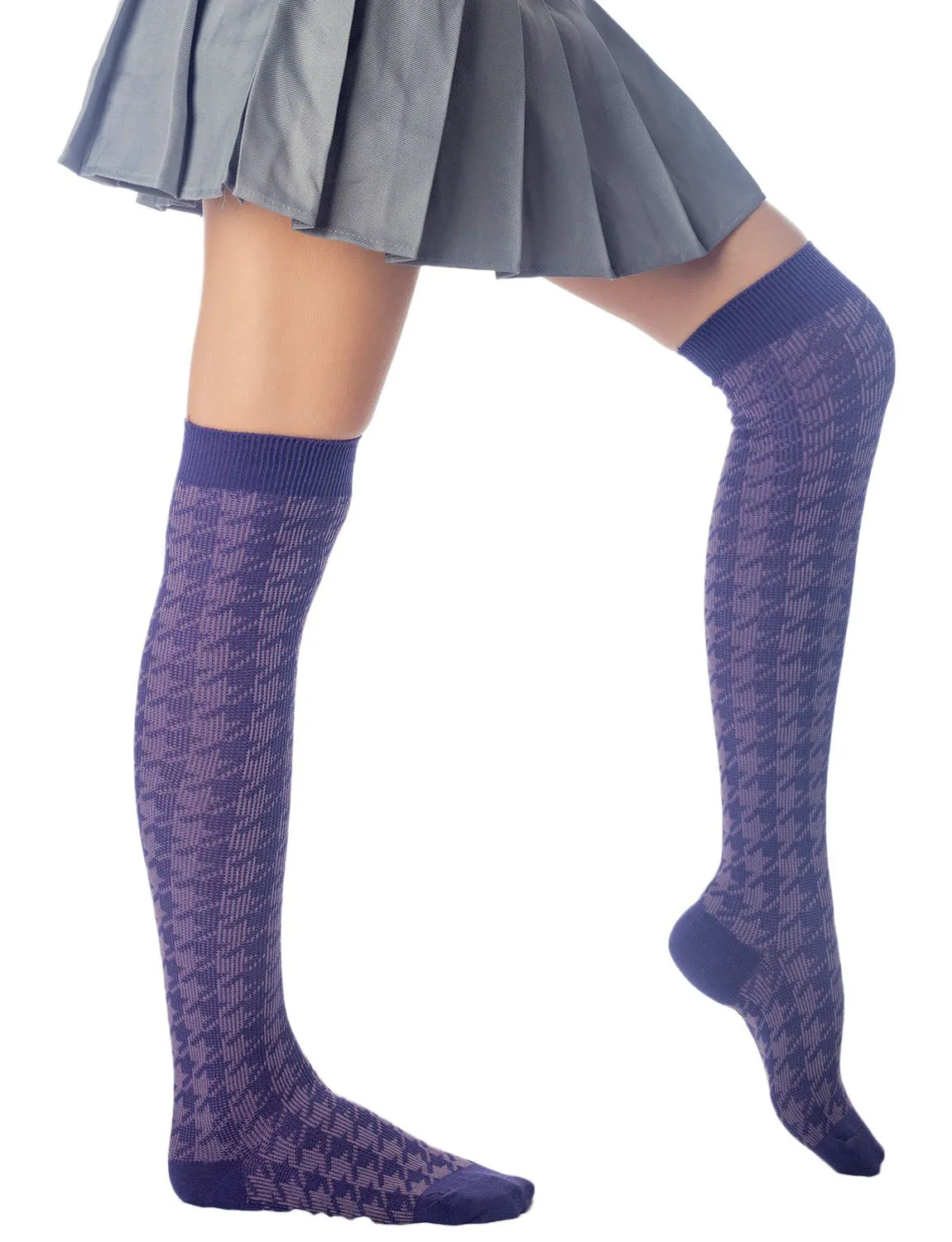 iB-iP Women's Houndstooth Pattern Stylish Solid Color Hold-up Thigh High Long Socks