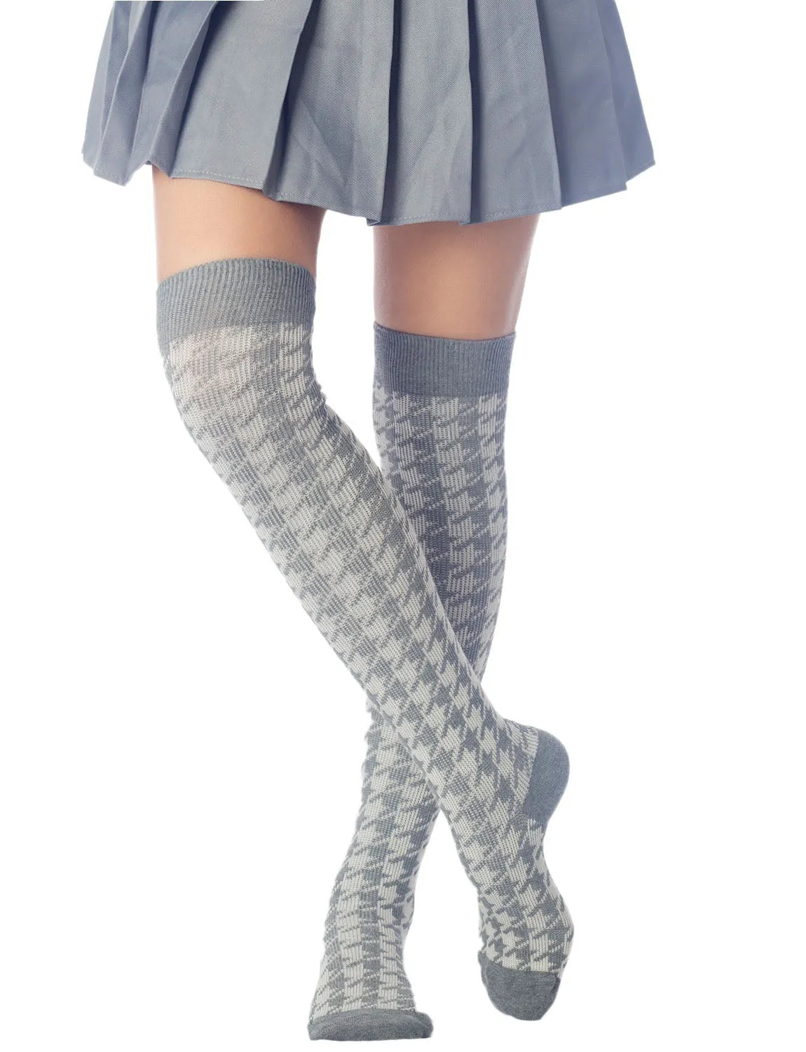 iB-iP Women's Houndstooth Pattern Stylish Solid Color Hold-up Thigh High Long Socks