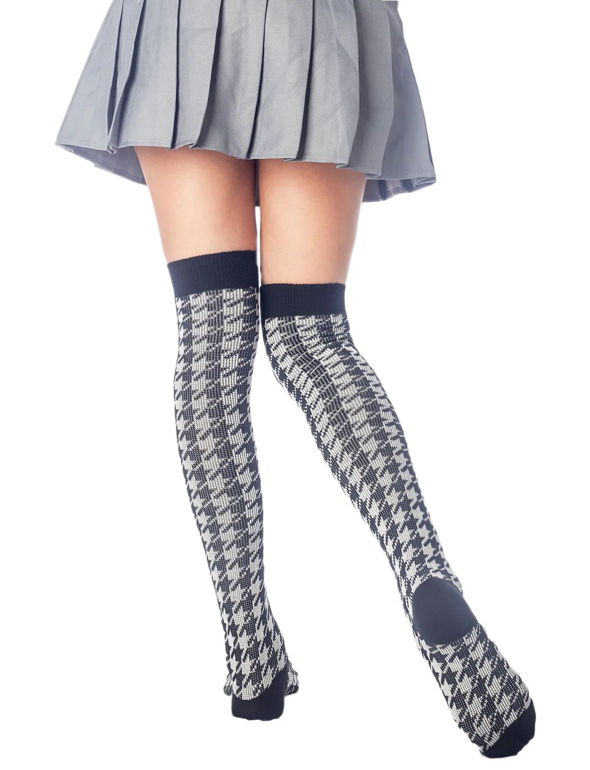 iB-iP Women's Houndstooth Pattern Stylish Solid Color Hold-up Thigh High Long Socks