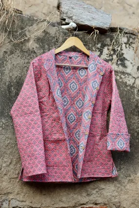 Indian Handmade Quilted Kantha Cotton Fabric Jacket Stylish Pink & Blue Floral Women's Coat, Reversible Waistcoat for Her