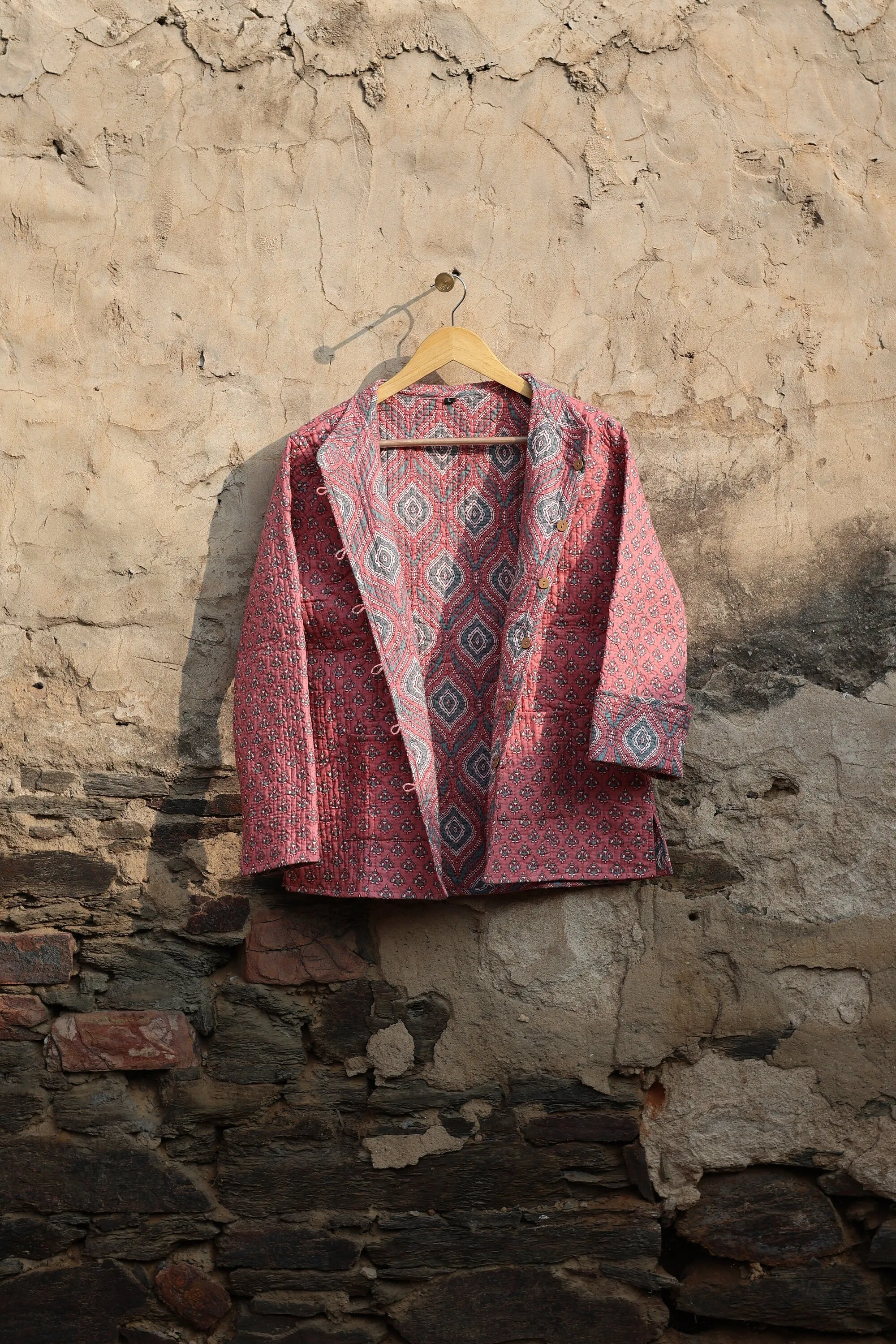 Indian Handmade Quilted Kantha Cotton Fabric Jacket Stylish Pink & Blue Floral Women's Coat, Reversible Waistcoat for Her