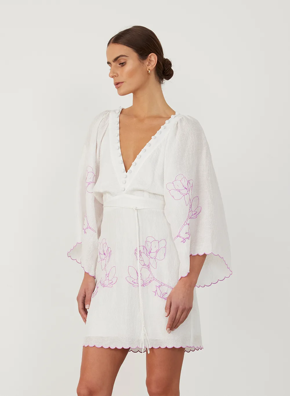 Isodora Silk Linen Embroidery Mini Dress