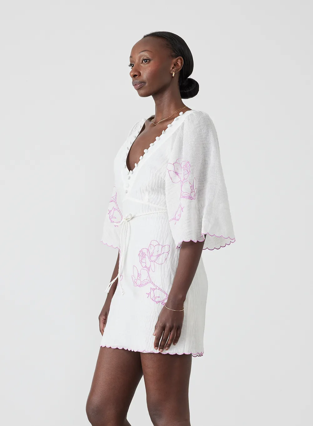 Isodora Silk Linen Embroidery Mini Dress