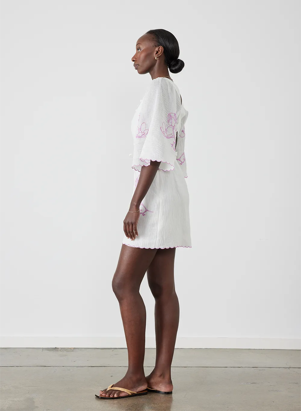 Isodora Silk Linen Embroidery Mini Dress