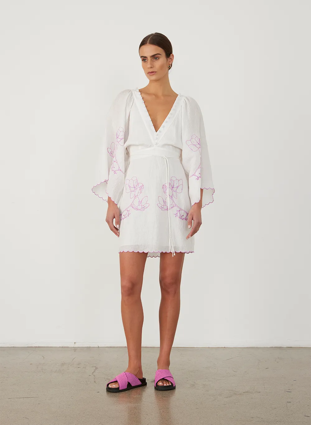 Isodora Silk Linen Embroidery Mini Dress