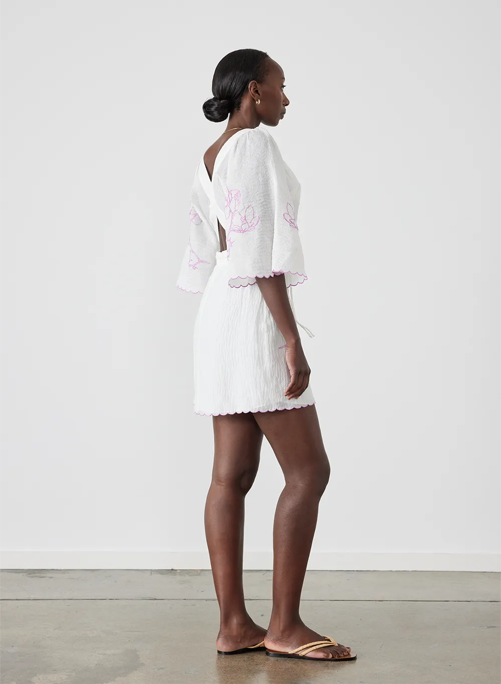 Isodora Silk Linen Embroidery Mini Dress