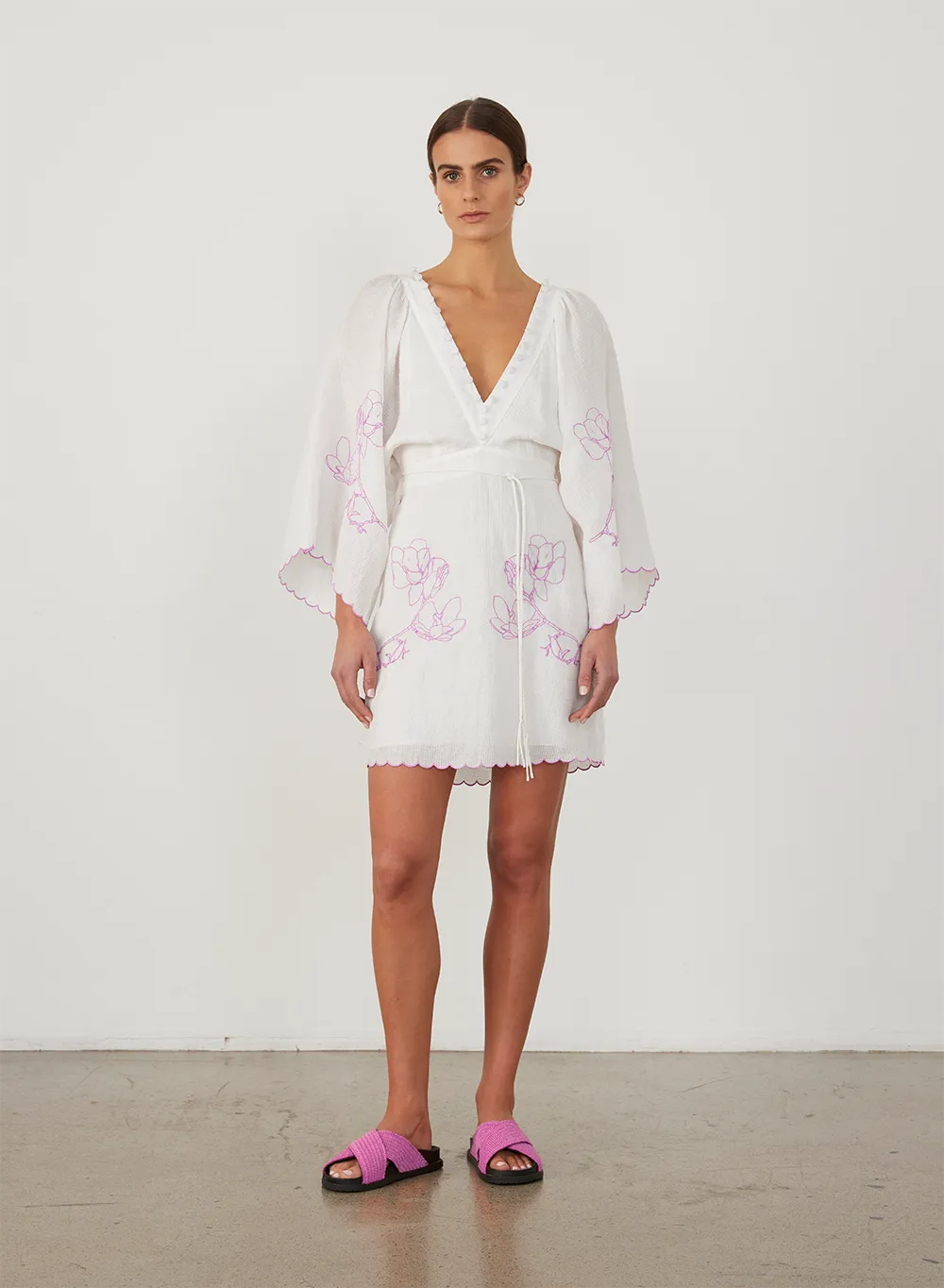 Isodora Silk Linen Embroidery Mini Dress