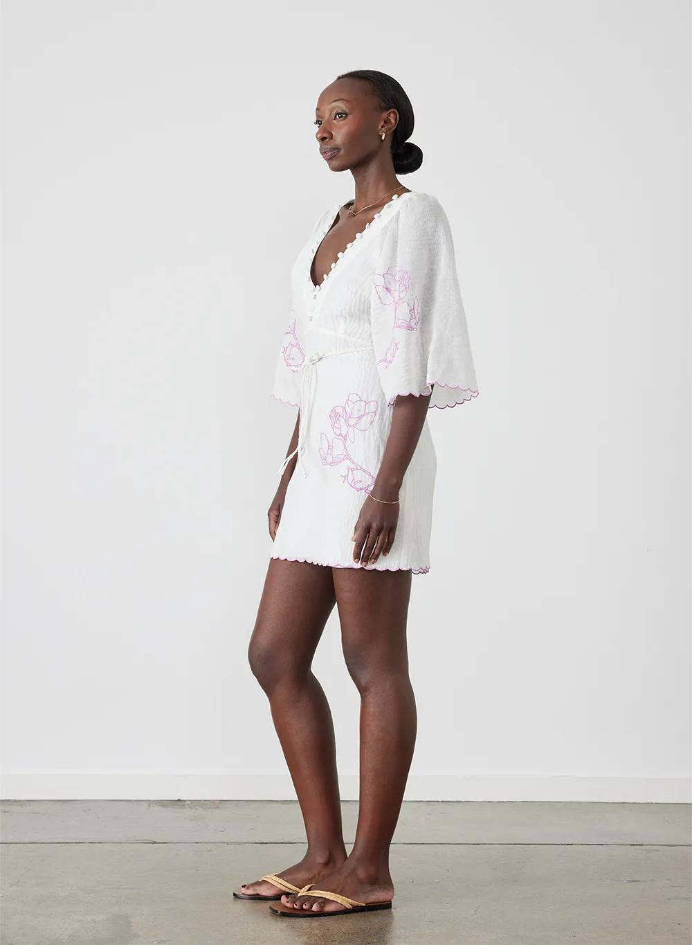 Isodora Silk Linen Embroidery Mini Dress